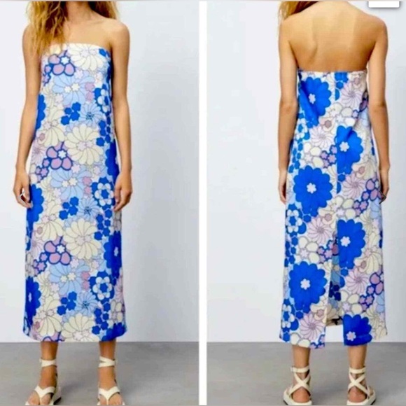 Zara Women’s Tropical Floral Print Satin Effect Strapless Dress - Size S - Picture 2 of 13